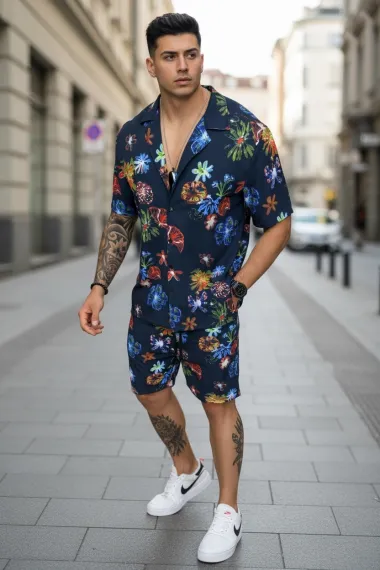 Compleu de vara cu imprimeu camasa + pantaloni 980