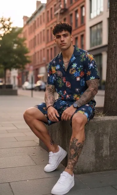 Compleu de vara cu imprimeu camasa + pantaloni 980