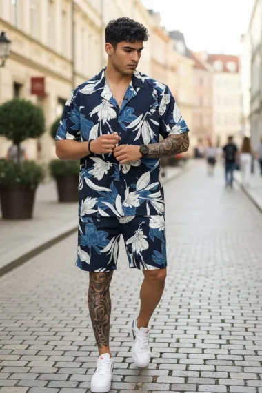 Compleu de vara cu imprimeu camasa + pantaloni 987