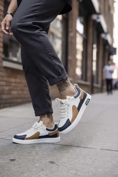 Adidasi barbati casual albi cu maro A108