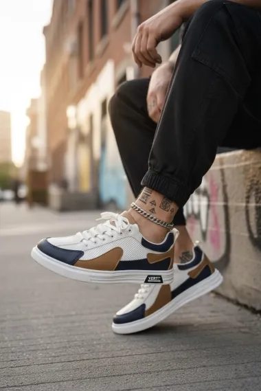 Adidasi barbati casual albi cu maro A108