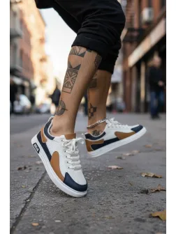 Adidasi barbati casual albi cu maro A108