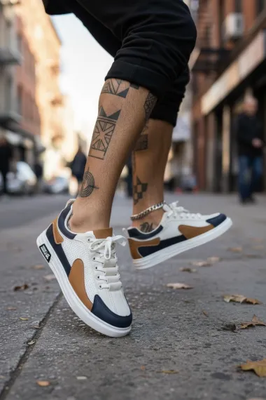 Adidasi barbati casual albi cu maro A108