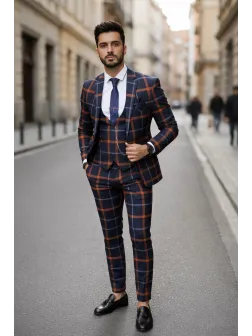 Costum barbati slim fit bleumarin in carouri B7956 92-5