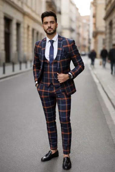 Costum barbati slim fit bleumarin in carouri B7956 92-5