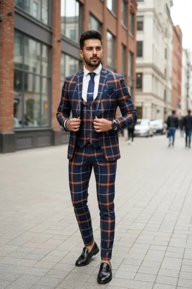 Costum barbati slim fit bleumarin in carouri B7956 92-5