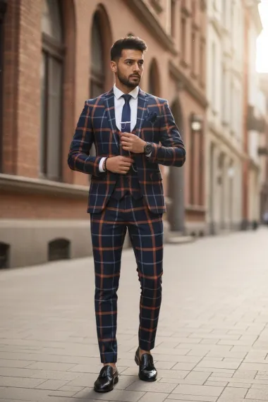 Costum barbati slim fit bleumarin in carouri B7956 92-5