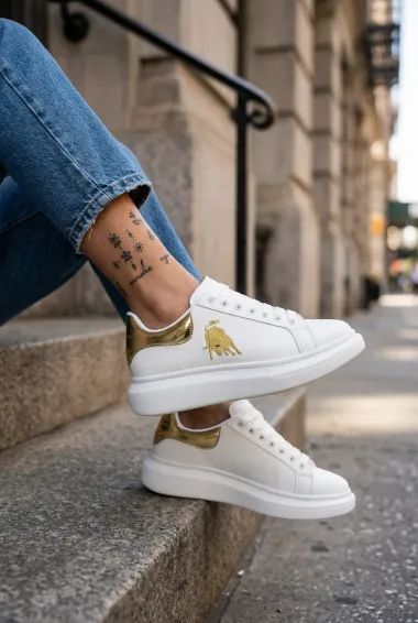 Adidasi dama casual albi cu imprimeu auriu FCL805 T6-2