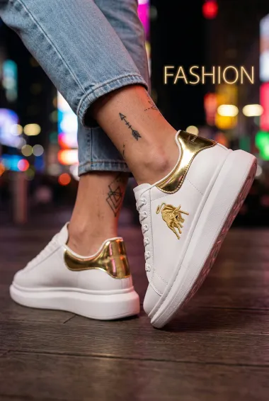 Adidasi dama casual albi cu imprimeu auriu FCL805 T6-2