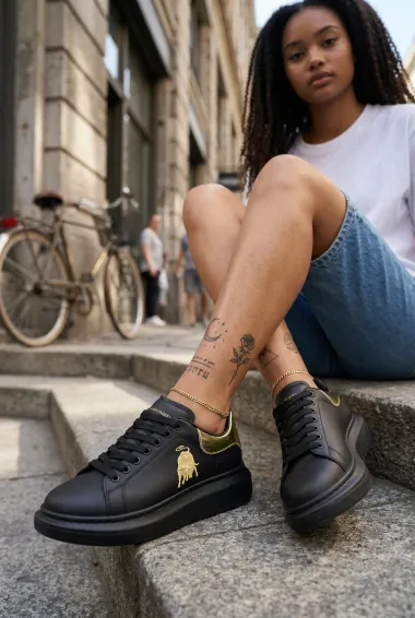 Adidasi dama casual negri cu imprimeu auriu FCL805 T6-2