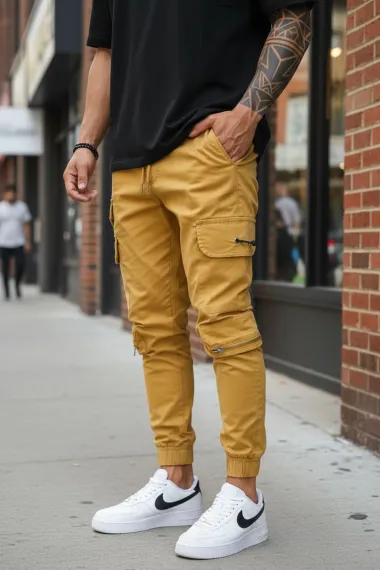 Pantaloni de trening cargo, crem, conici Y101 26-4