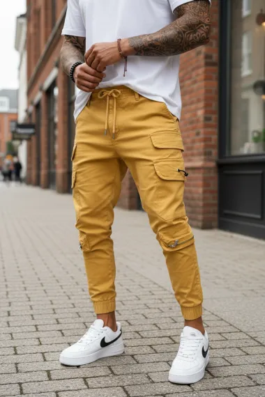 Pantaloni de trening cargo, crem, conici Y101 26-4