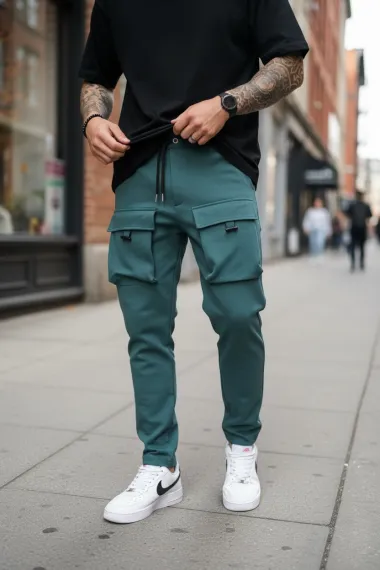 Pantaloni de trening cargo, verzi, conici Y198