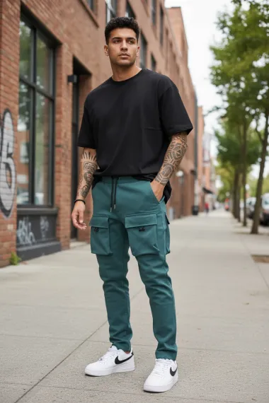 Pantaloni de trening cargo, verzi, conici Y198