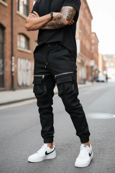Pantaloni de trening cargo, negri, conici Y256 33-1.1