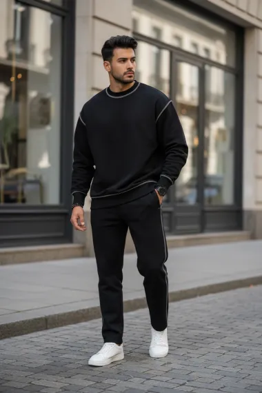 Trening barbati slim fit negru Pantaloni + Hanorac K008 30-5