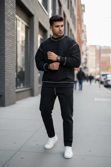 Trening barbati slim fit negru Pantaloni + Hanorac K008 30-5