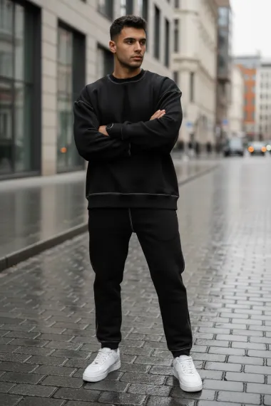 Trening barbati slim fit negru Pantaloni + Hanorac K008 30-5