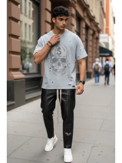 Tricou barbati gri, cu imprimeu , oversize Y238 11-1.1 Tricou barbati gri, cu imprimeu , oversize Y238 11-1.1