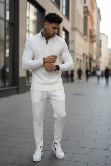 Trening barbati slim fit alb Pantaloni + Hanorac 3344