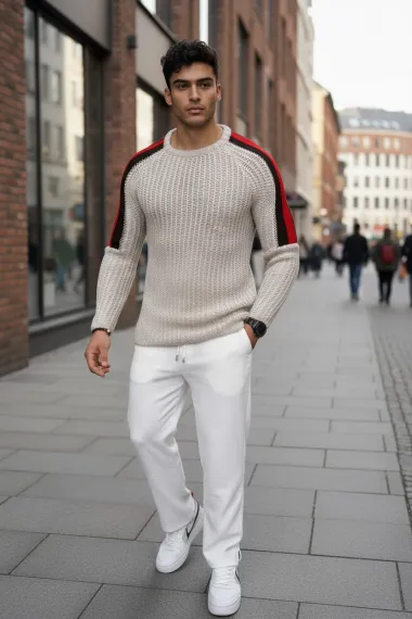 Pulover barbati gros slim fit bej ZR T3570 18-5.2