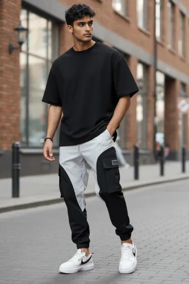 Pantaloni de trening cargo, negri, conici y2223 P18-4.1