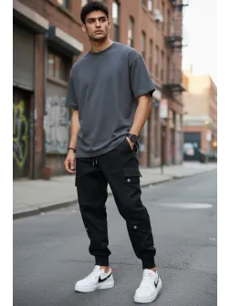 Pantaloni de trening cargo, negri, conici y302 P19-1.3 Pantaloni de trening cargo, negri, conici y302 P19-1.3