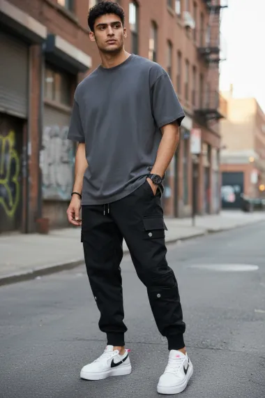 Pantaloni de trening cargo, negri, conici y302 P19-1.3