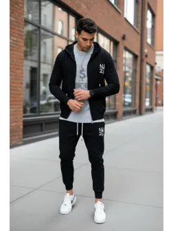 Trening barbati slim fit negru Pantaloni + Hanorac 11691 P19-3.1 Trening barbati slim fit negru Pantaloni + Hanorac 11691 P19-3.1