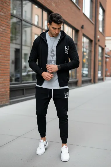 Trening barbati slim fit negru Pantaloni + Hanorac 11691 P19-3.1