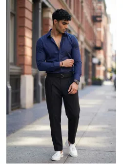 Camasa barbati bleumarin cu butoni slim fit B1381 59-3 E / 9-5.2