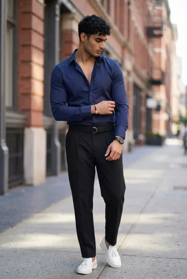 Camasa barbati bleumarin cu butoni slim fit B1381 59-3 E / 9-5.2