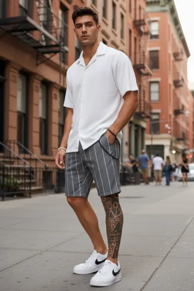 Pantaloni scurti casual, gri cu dungi 13165 D6-4.2