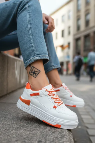 Adidasi dama albi cu portocaliu casual, 8002 T15-1