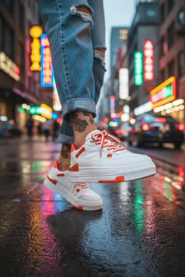Adidasi dama albi cu portocaliu casual, 8002 T15-1