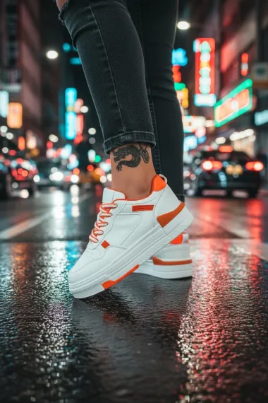 Adidasi dama albi cu portocaliu casual, 8002 T15-1