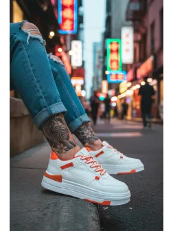 Adidasi dama albi cu portocaliu casual, 8002 T15-1 Adidasi dama albi cu portocaliu casual, 8002 T15-1