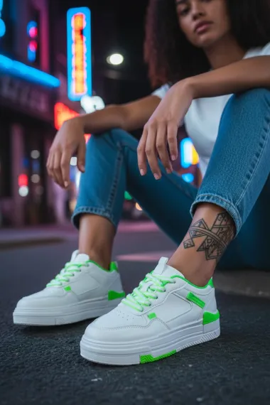 Adidasi dama albi cu verde,casual, 8002 T15-1