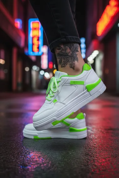 Adidasi dama albi cu verde,casual, 8002 T15-1