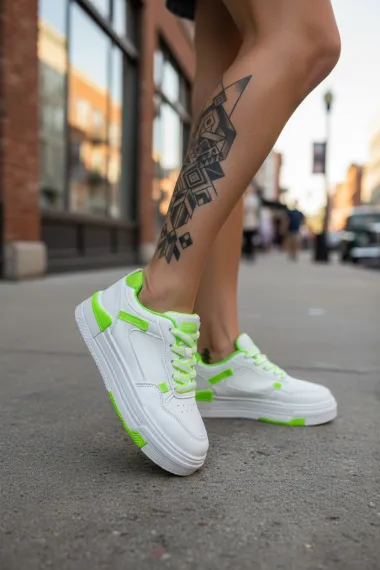 Adidasi dama albi cu verde,casual, 8002 T15-1