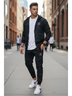 Trening barbati slim fit negru Pantaloni + Hanorac AB031 45-2.3 Trening barbati slim fit negru Pantaloni + Hanorac AB031 45-2.3