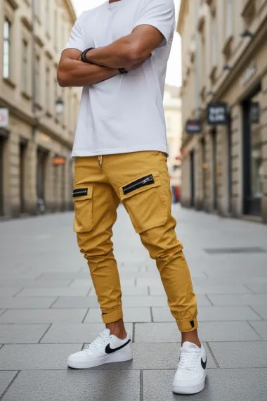 Pantaloni de trening cargo, crem, conici Y103 40-1