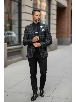 Sacou barbati slim fit negru in carouri 929 12-5.1 Sacou barbati slim fit negru in carouri 929 12-5.1