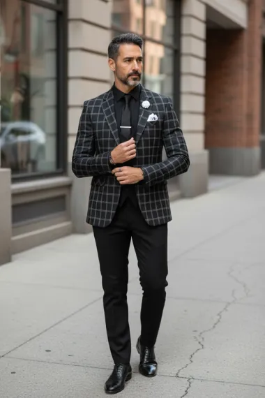 Sacou barbati slim fit negru in carouri 929 12-5.1