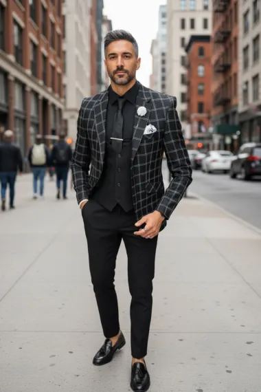 Sacou barbati slim fit negru in carouri 929 12-5.1