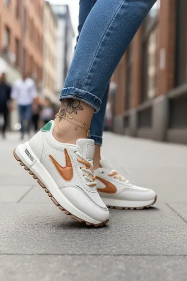 Adidasi dama casual, albi cu portocaliu 266