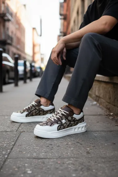 Adidasi barbati casual, albi cu auriu, VLT L75