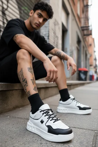 Adidasi barbati casual, albi cu negru, VLT L75