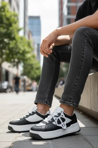 Adidasi barbati casual WOLF, albi cu negru 080 N11-2