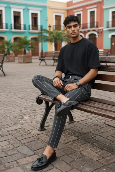 Pantaloni barbati casual regular fit gri in dungi B1301 110-3